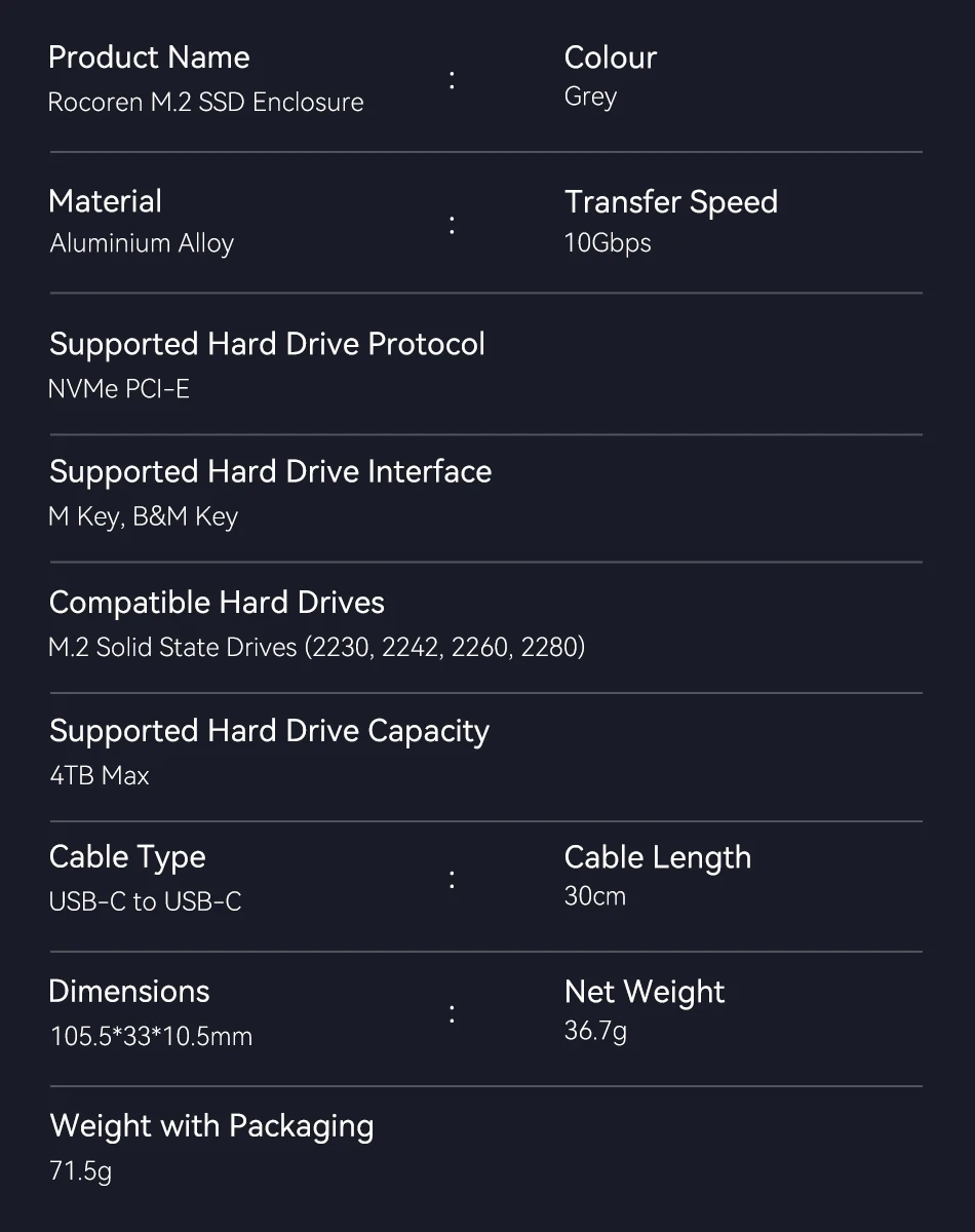Rocoren Externes Gehäuse M2 SSD-Gehäuse M2 NVMe SSD-Gehäuseadapter Ten Gigabit USB 3.1 Gen Two USB Typ-C unterstützt M- und BM-Schlüssel – Detail 25