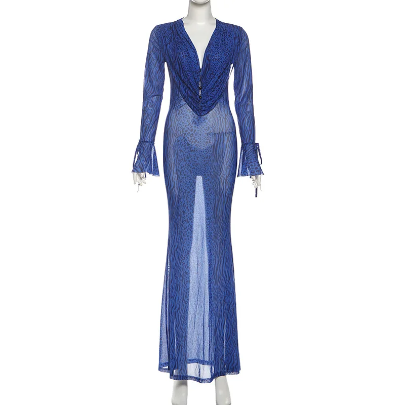 Bangniweigou sexy leopard print royal blue mesh robe women deep V-neck slim mesh long-sleeved dress evening see through gown
