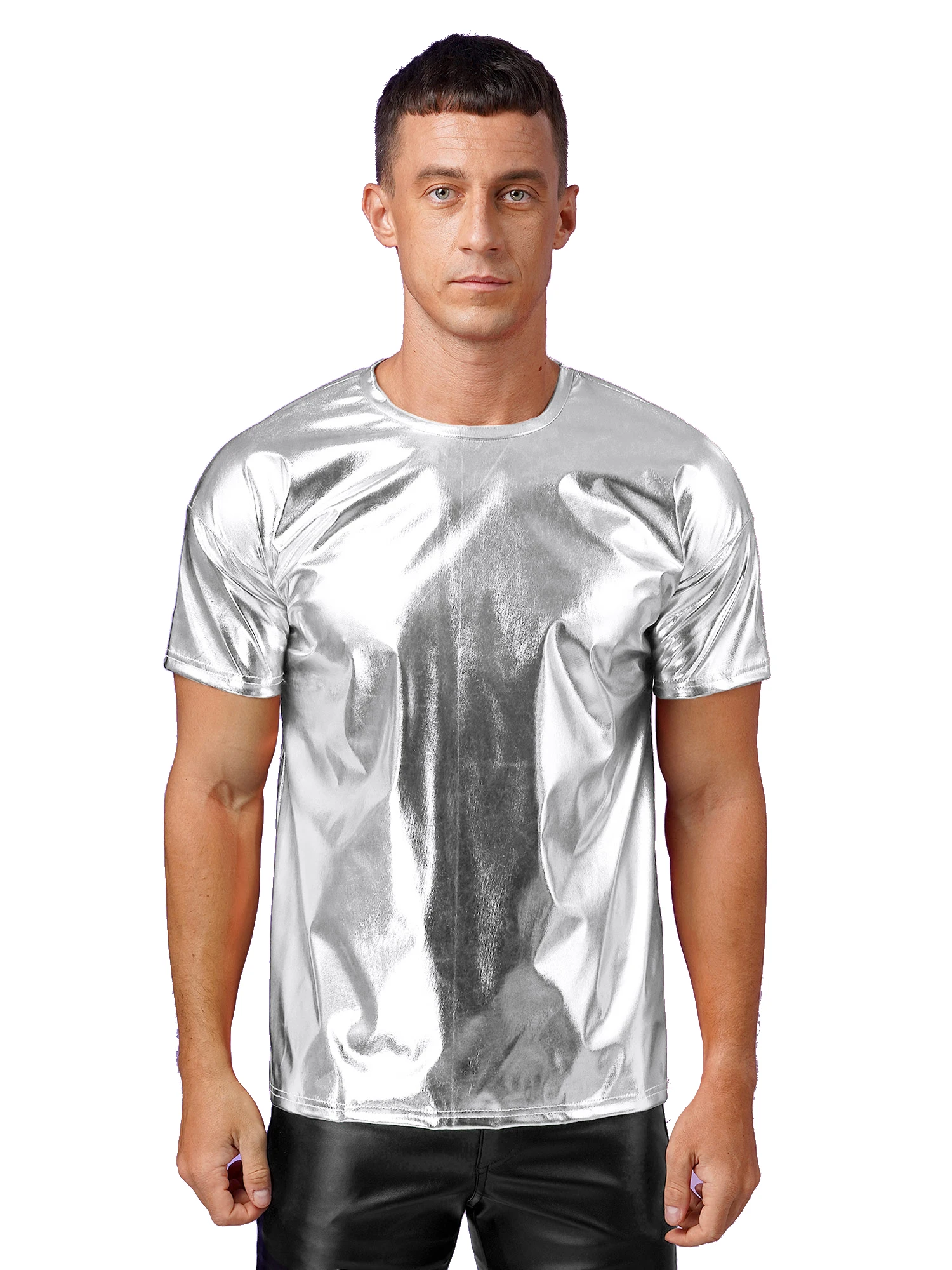 Mens Metallic Shinny Rave Dance Top Short Sleeve T-shirt Tops Round Neck Streetwear Music Festival Disco Pole Dance Clubwear