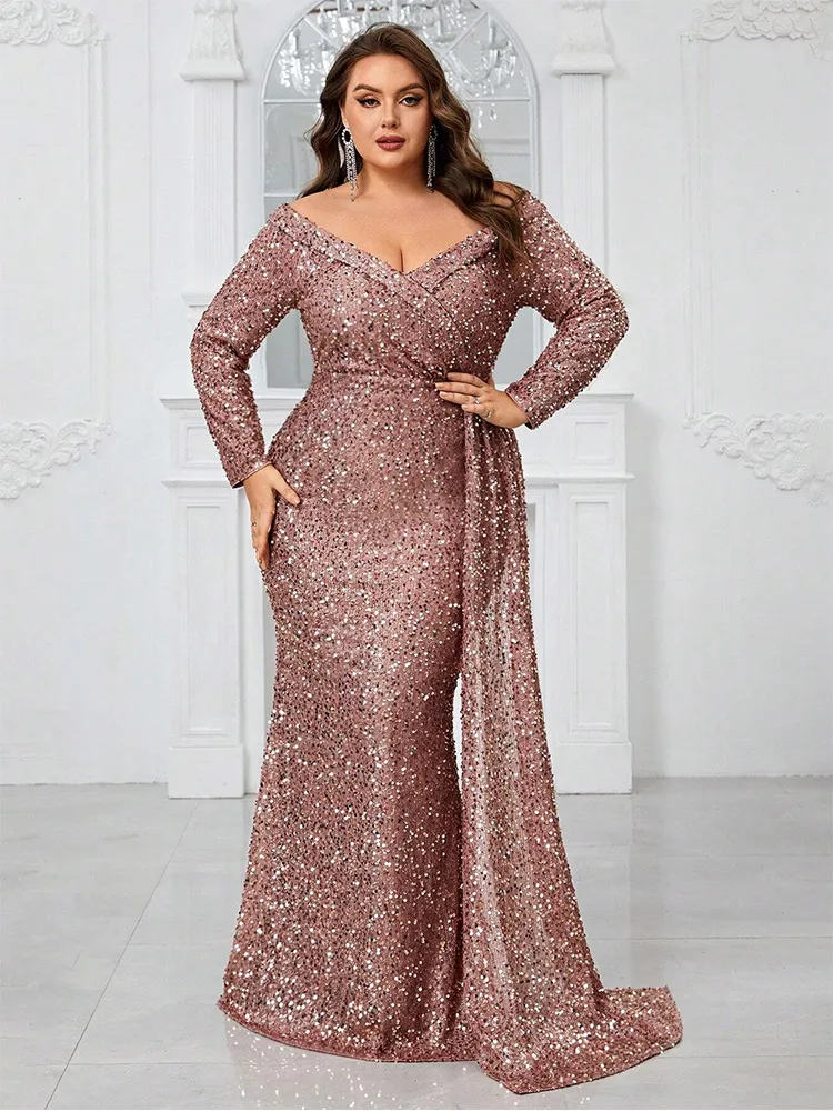 S-7xl Apricot Pink Sequined Off-Shoulder Floor-Length Evening Dress Plus Size Wedding Banquet Sequined Evening Dress For Women