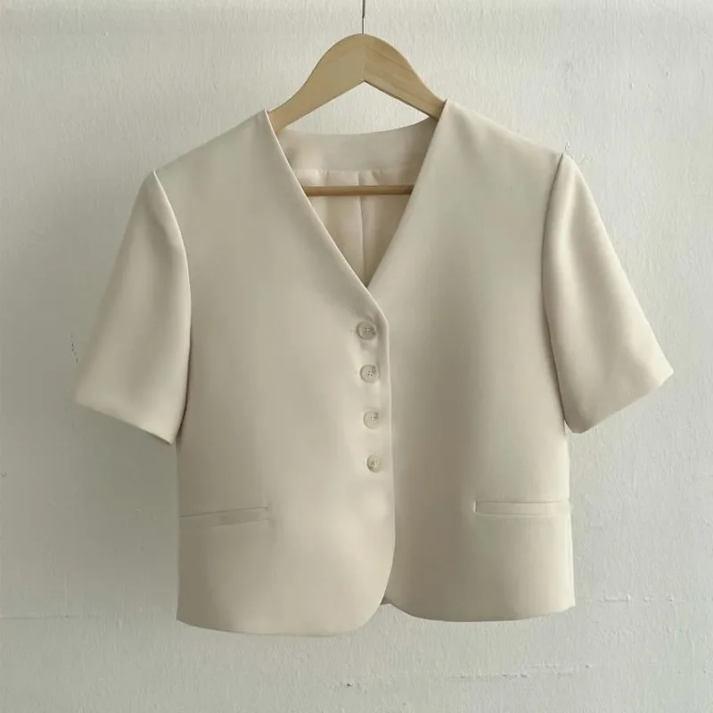 

Женский укороченный блейзер с V-образным вырезом, короткими рукавами, на одной пуговице, повседневный пиджак черного цвета