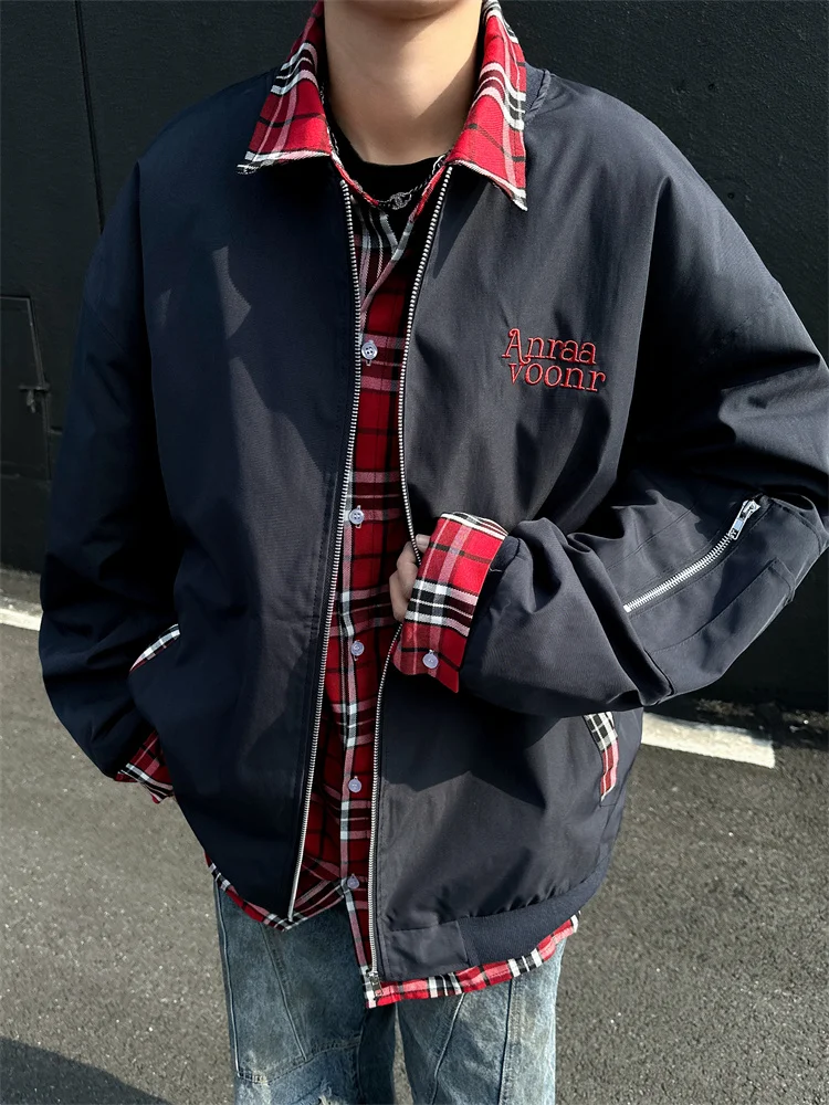 

American Sle Plaid Cotton Jaet for Men Couple's Fake Two-Piece Flight Coat Thiened Winter Outerwear Casual Leisure