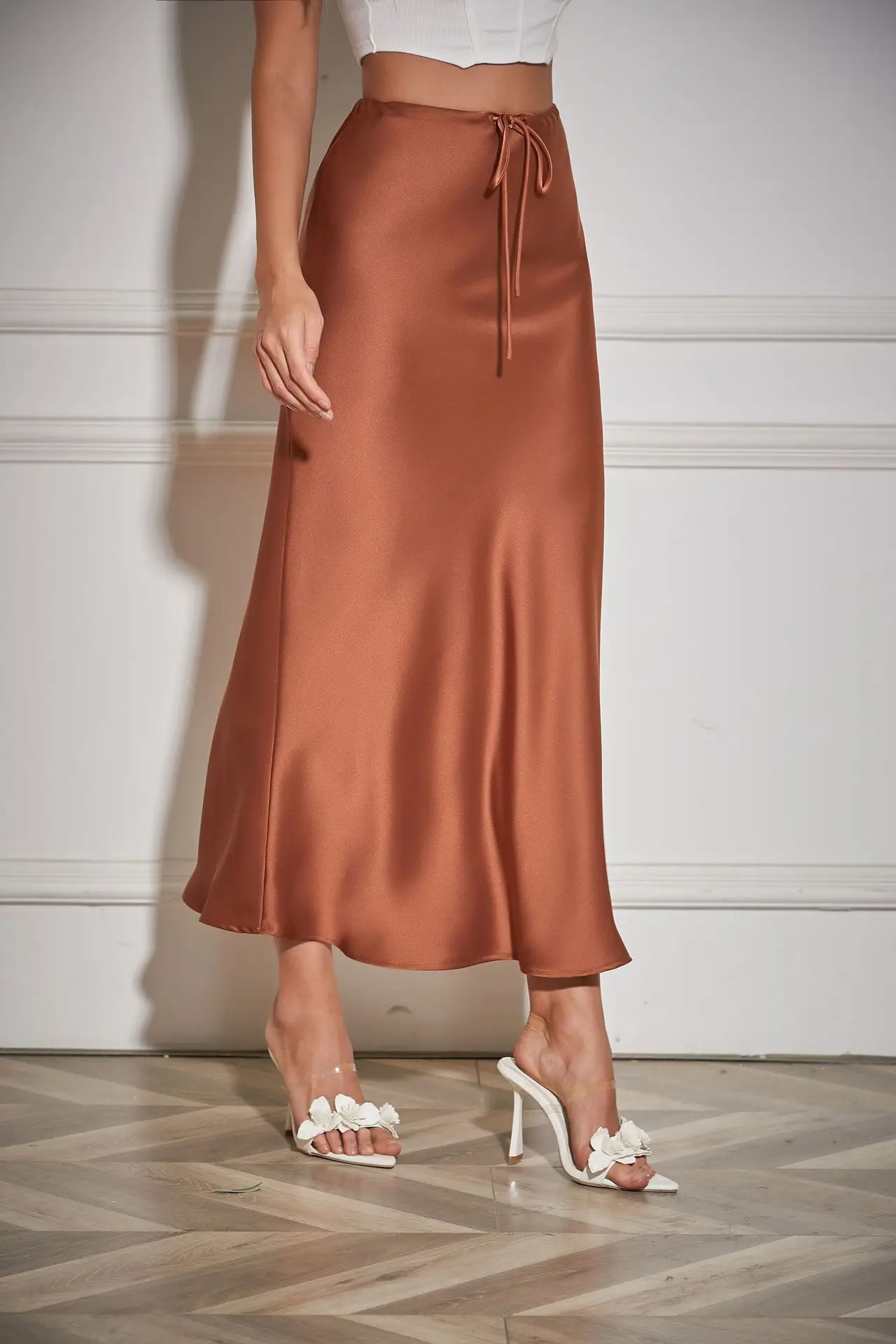 New In 2026 Spring Summer Solid Color Satin Long Skirt For Women High Waist Lace-Up Fashion Elegant Faldas