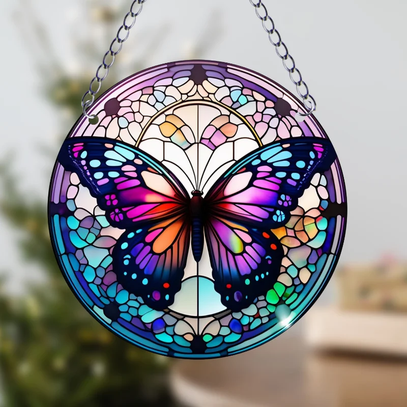 1pc Butterfly Suncatcher Stained Window Hanging Acrylic Round Wreath Sign Yard Garden Home Room Decoration