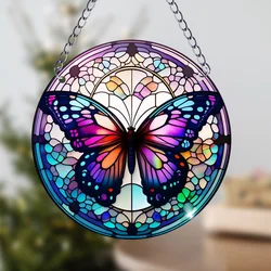 1pc Butterfly Suncatcher Stained Window Hanging Acrylic Round Wreath Sign Yard Garden Home Room Decoration