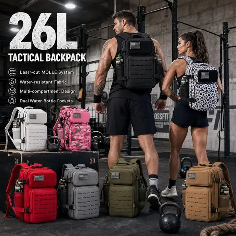 26L Tactical Travel Backpack for Men with Dual Cup Holders, MOLLE Outdoor Hiking Rucksack for Fitness Gym, Camping & Daily Commute