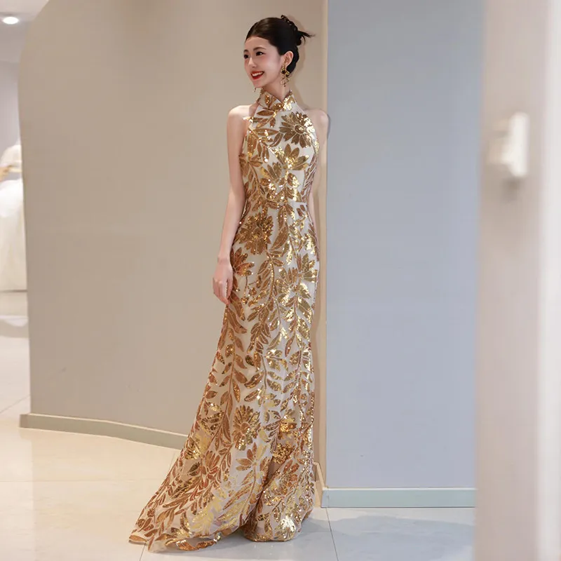 

L&P DQL Studio Halter Evening Dress Gold Sequins Floral Shape Party Dress Zipper Back