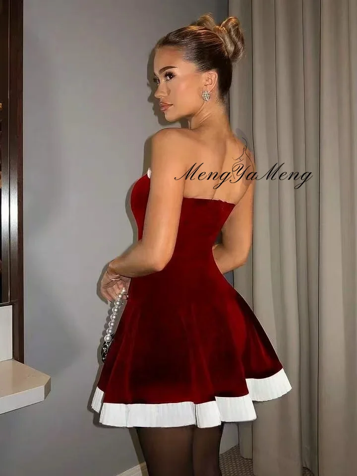 Strapless A-Line Wine Red Chrismas Dresses Short Elegant Sexy Prom Gowns Customized Cocktail Dresses robe de soirée