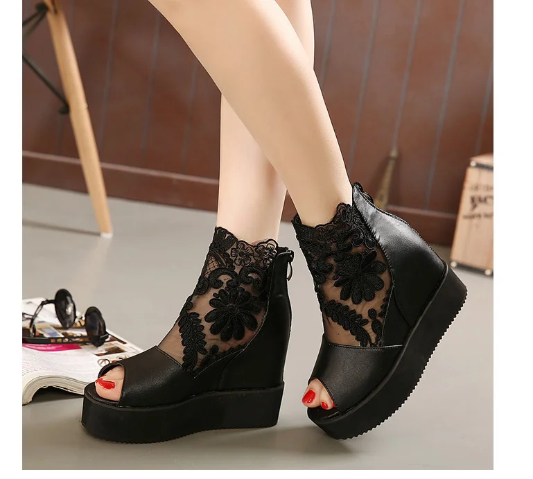 

New Women Sexy Pumps Lace Sandals Summer Wedges Heel Open Toe Ankle High Heels Ladies Stilettos Party White Wedding Shoes
