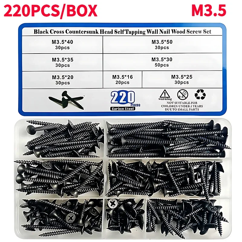 

220Pcs/Box M3.5 Screw Set Carbon Steel Flat Head Screw Self-tapping Screws Assortment Kit Drywall Phillips Wood Screws Kit Box