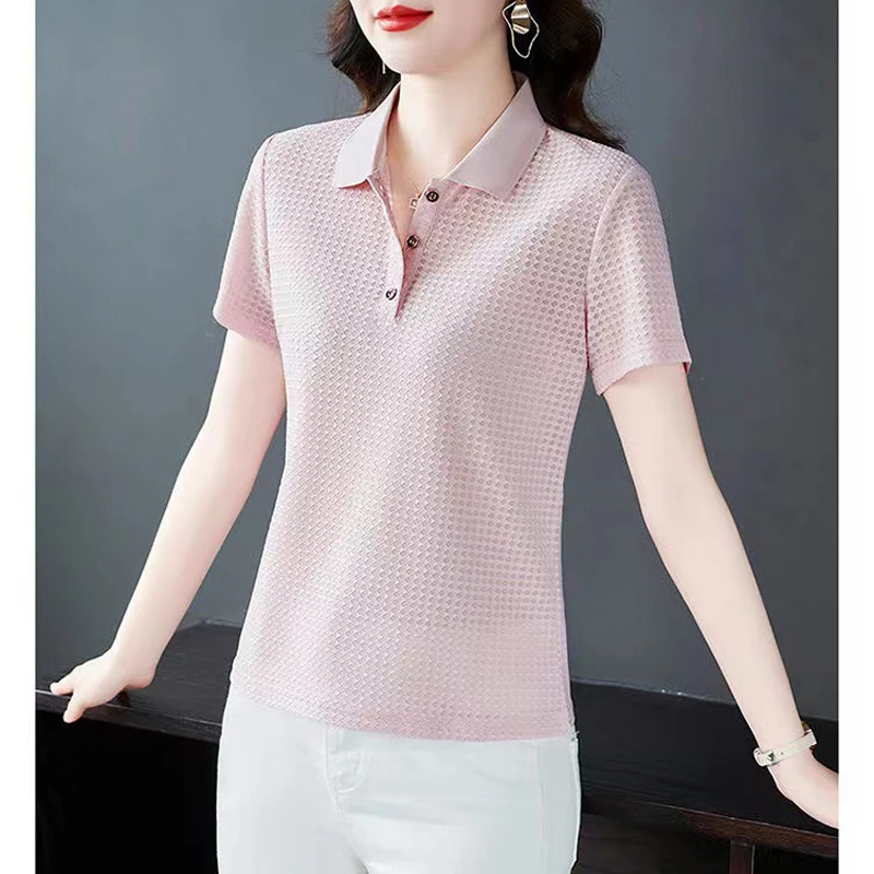 Women Summer Korean Fashion Elegant Short Sleeve Button Polo Collar T-shirt Female Solid Casual Slim Commute Tops Polos Mujeres