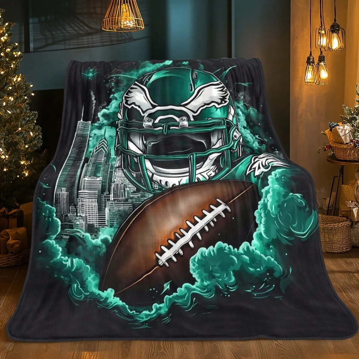 American Football Helmet Eagle Graphic Throw Blanket City Building Green Smoke Print Soft Flannel Blanket Lightweight Warm Bed S