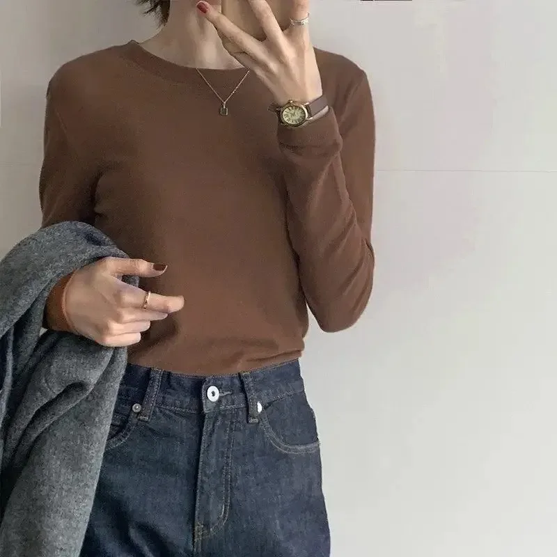고품질 무지 티셔츠 여성용 신축성 기본 티셔츠 여성 캐주얼 탑 긴팔 섹시 얇은 티셔츠 시스루