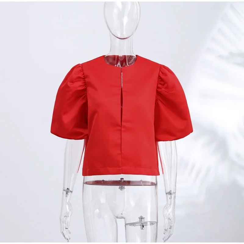 Elegante Damen-Satinbluse mit O-Ausschnitt, Puffärmeln, Schnallenverschluss, einfarbig, locker geschnitten, vielseitig kombinierbar, Party-Mode-Oberteil, Sommer 2026 – Detail 5
