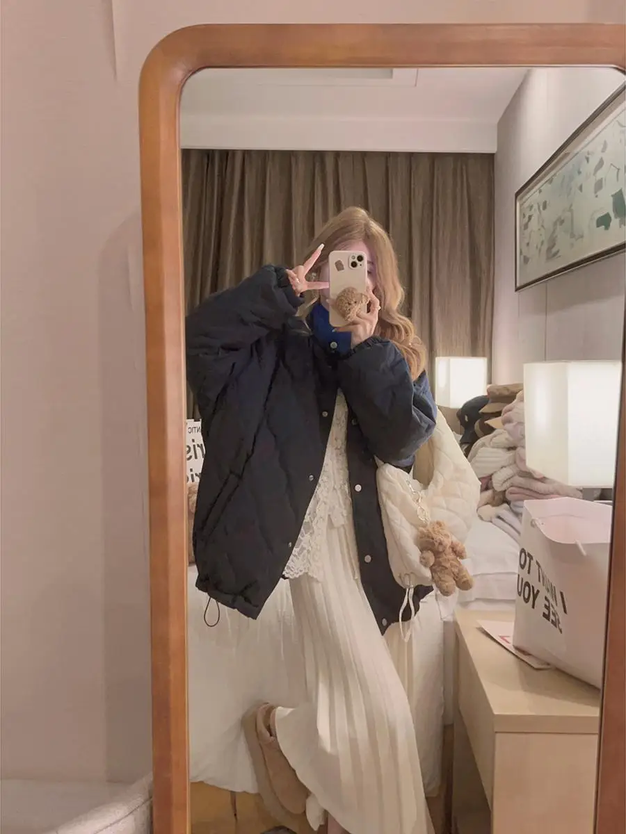 

Lightweight Warm Cotton Jaet Quilted PP Cotton Outerwear Street Sle Korean Loose Fit Long Sve Stand Collar Coat