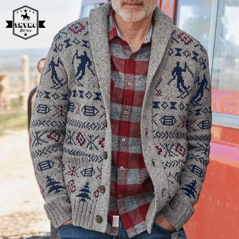 

Men's Lapel Jacquard Knitted Long Sleeved Sweater Streetwear Fashion Vintage Graphic Knitwear Male Slim Warm Casual Knit Sweater