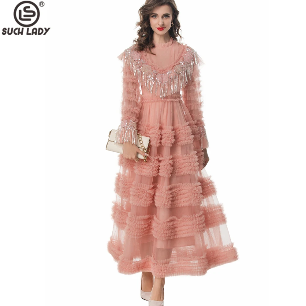 

Women's Party Gown O Neck Long Sleeves Tassels Tiered Ruffles Patchwork Elegant Designer Evening Prom Vestidos