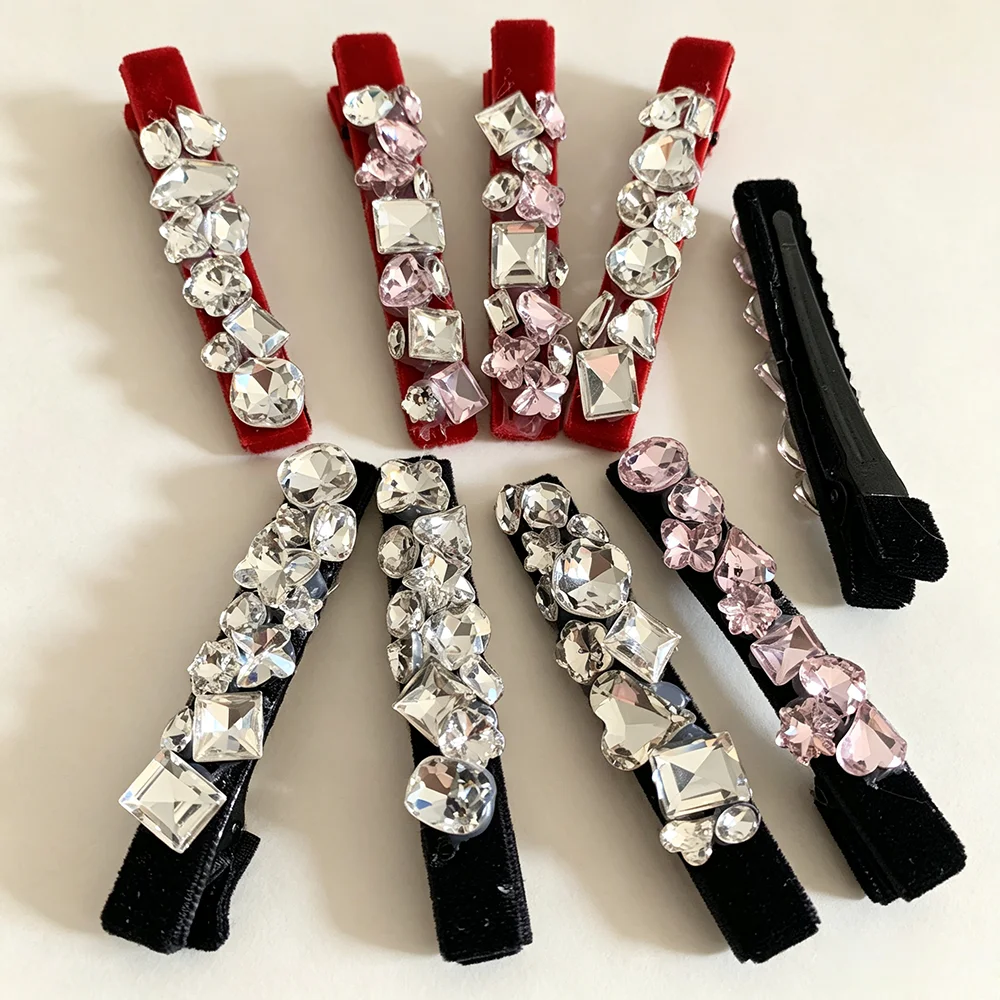 New 1/2/4 pcs Velvet Rhinestone Alligator Hair Clips for Girls Sparkly Crystal Heart Square Red Black Fabric Wrapped Hair Pins