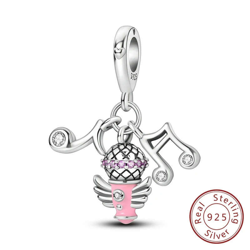 

Подвески оригинальные стерлингового серебра 925 пробы розовый микрофон нота кулон бусины подходят для браслета женские украшения Diy прекрасный подарок аксессуар