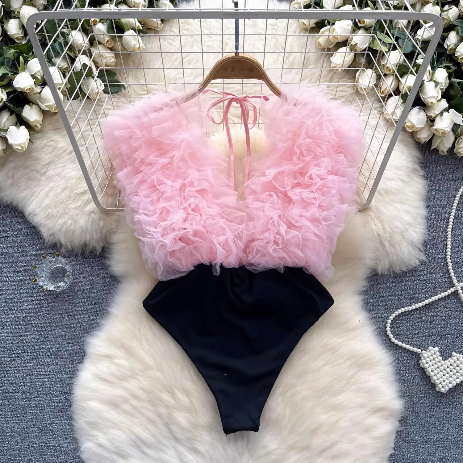 

Sexy Dancer Stage Mini Bodysuits 3D Layerd Mesh Ruffles Top Splicing Performance Playsuit Romper Color Patchwork Short Jumpsuit