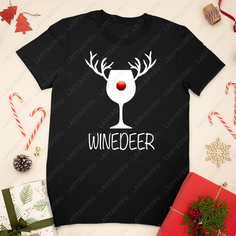 Winedeer Reindeer Funny Xmas Wine Bottle Unisex Tshirt Men Women High Quality Cotton Tops Casual All Match Fashion Classics Tees