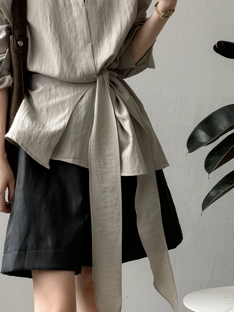 FANAN Camicie di design con vita arricciata irregolare per le donne Camicette a maniche lunghe con risvolto Solid Office Lady Top Fashion 2025 Autunno Nuovo