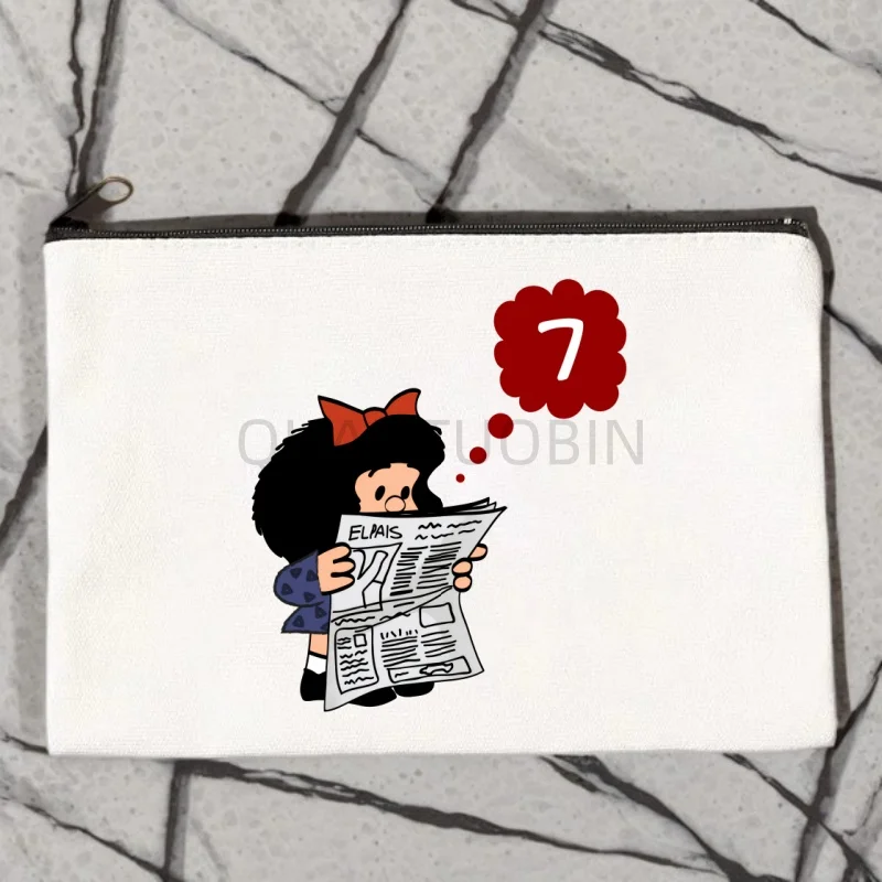 Mafalda Sell Well1-9 Women Canvas Cosmetic Bag Organizer Print Women Zipper Sundries Storage Makeup Bags Pouch Office Supplies