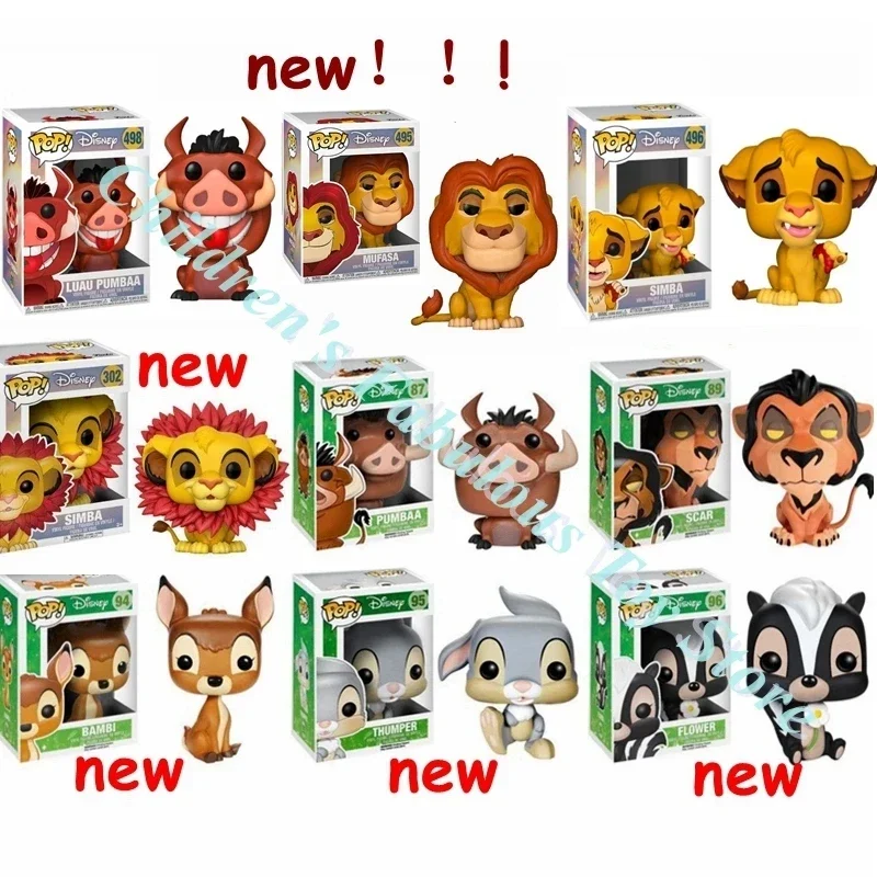 Funko Pop New Disney Lion Mufasa #495 Simba #496 Luau Pumbaa #498 Bambi #94 Thumper #95 Flower #96 Figure Model Toys for Gift