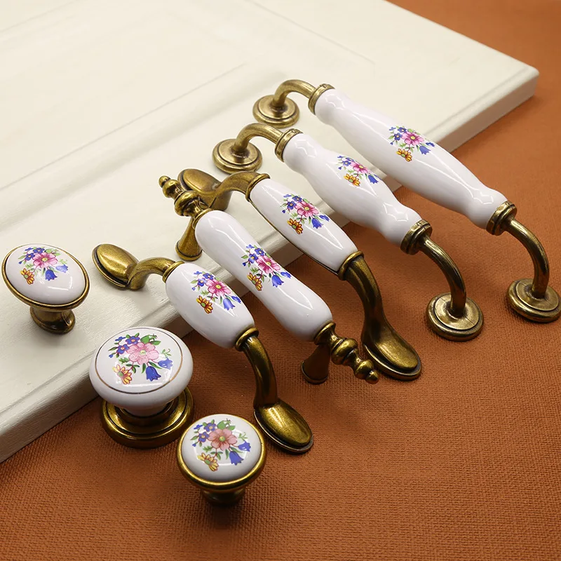 Zinc Alloy Vintage Floral Furniture Knobs Handles Ceramic Drawer Pulls Cabinet Kitchen Cupboards Door Wardrobe Dressers Hardware