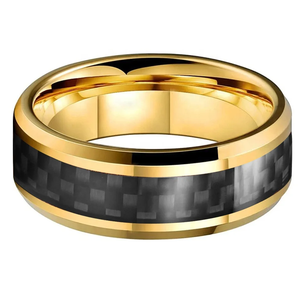 Fashion Men Golden Tungsten Steel Wedding Band Engagement Rings for Men Women Black Carbon Fiber Inlay Beveled Edges Comfort Fit