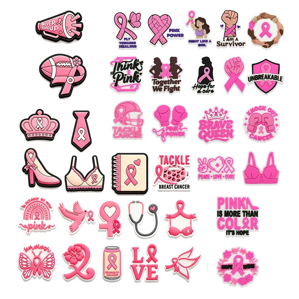 38PCS Pink Ribbon Shoe Charms Breast Cancer Survivor PVC Shoe Decorations Accessories For Croc Clogs Sandals Women Party Gift