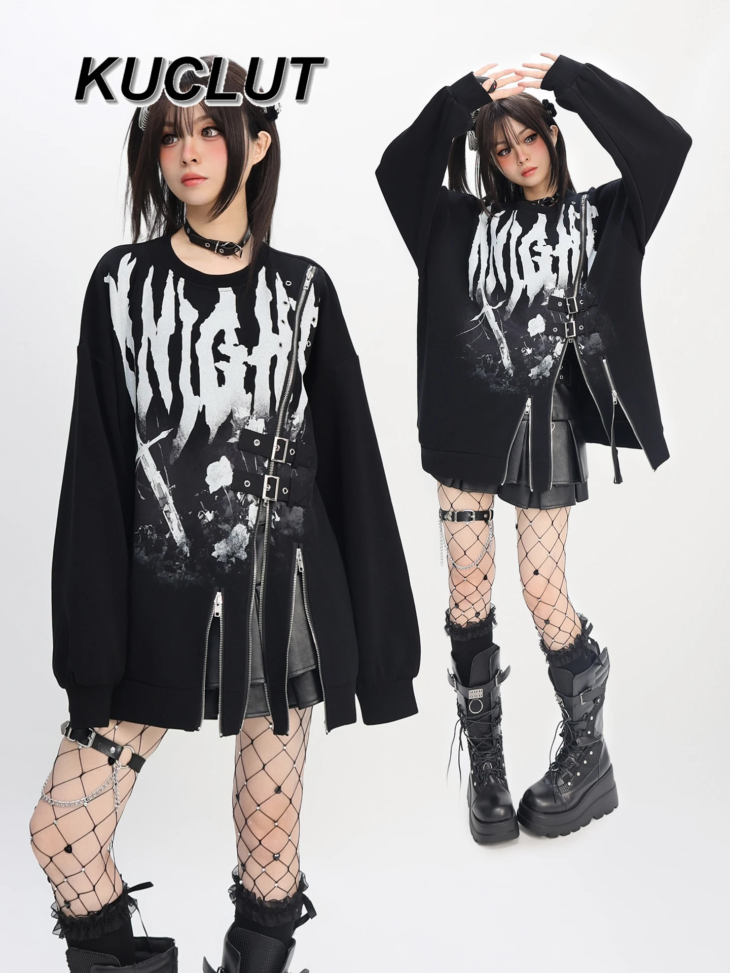 

Long Sleeve Pullover Autumn and Winter Zipper Loose Hoodie Sweet Cool Punk High Street Style Casual Sweatshirt for Women