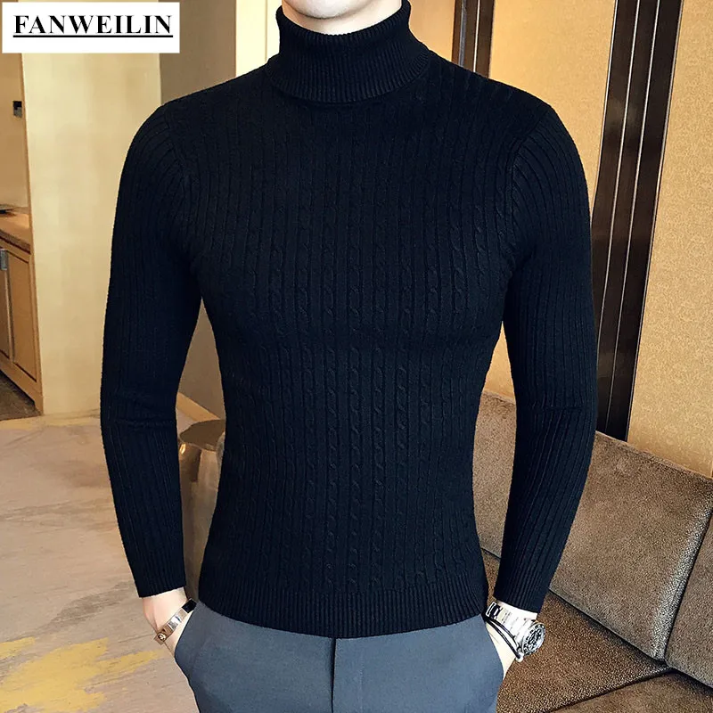 Lässige Männer Winter hoch einfarbig Pullover Roll kragen pullover Marke Herren weiße Pullover Slim Strick Fit Pullover Twist gestreifte Strickwaren