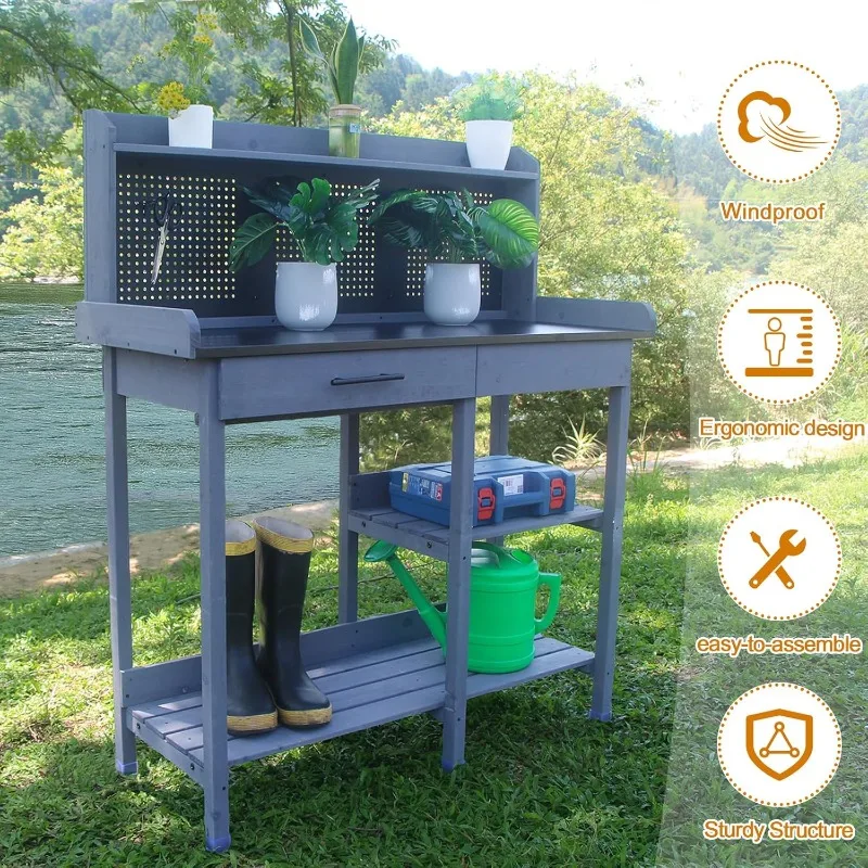 Outdoor Potting Bench Table,Garden Work Bench Metal Tabletop Horticulture with Shelf Rack Wooden Potting Benches for Outside wit