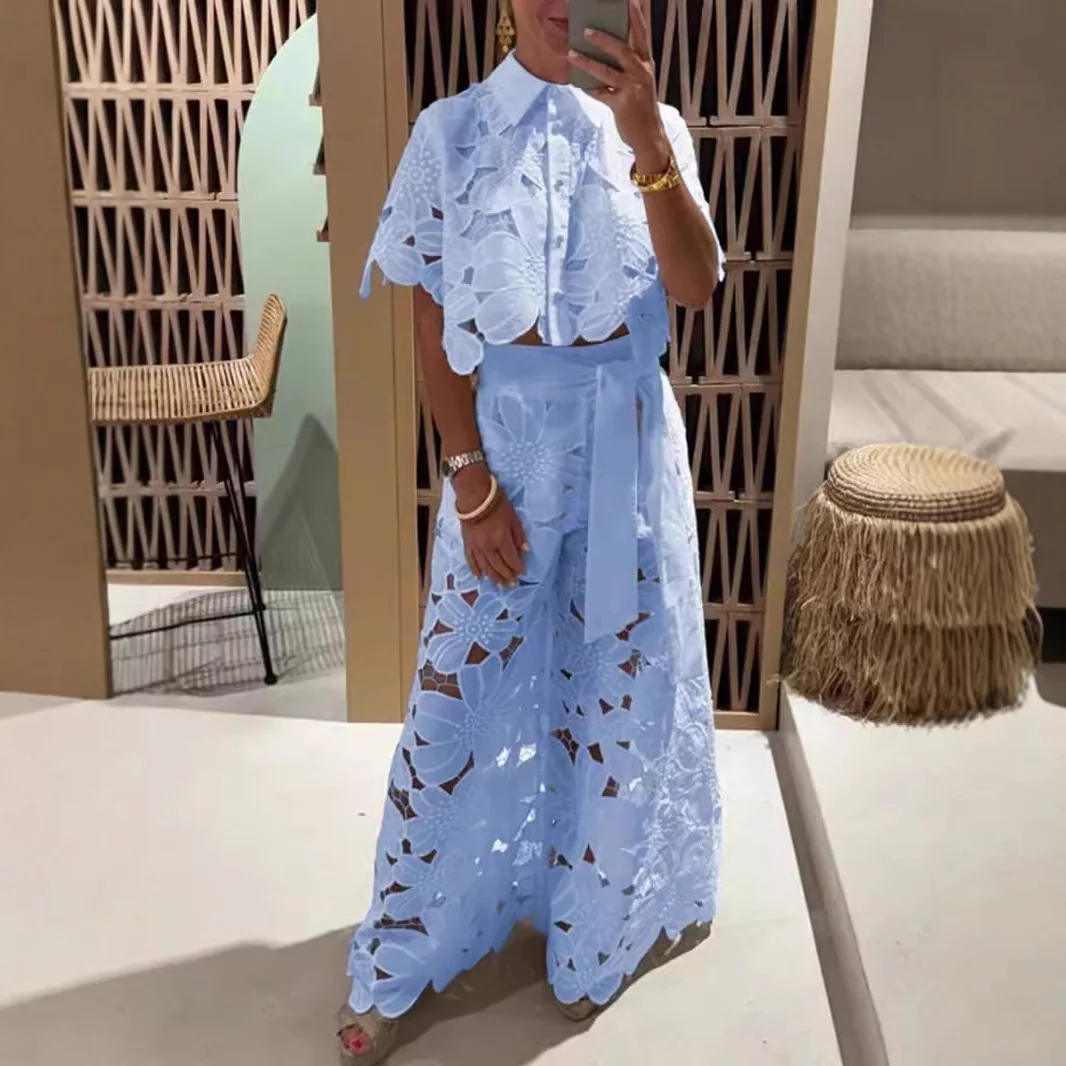 Sexy Lace Hollow 2-piece Set Fashion New Shirt Top + Wide-leg Pants Women Suits Fashion Solid Color Elegant Casual Sets Female