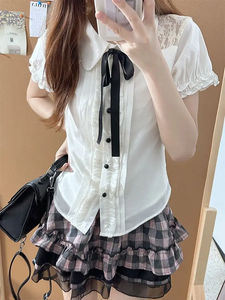 

Japanese Sweet Y2K Kawaii 2 Piece Set Women Bow Lovely Tops + Plaid Lace Skirt New Fashion Vintage Slim Chic Outfits 2025