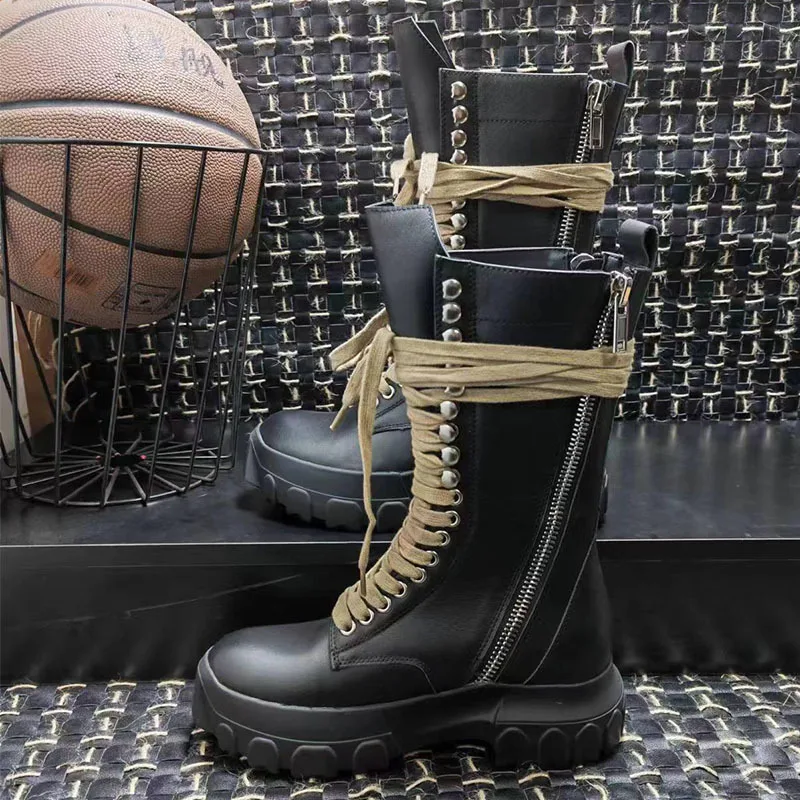 Men Boots Women Mid-Calf Genuine Leather Lace Up Motorcycle Shoes Platform Increase High Street Vintage Luxury Sneakers Owen