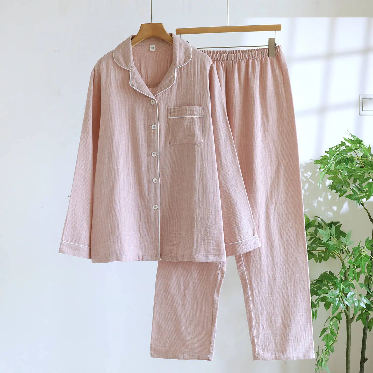 Men and Women Pure Cotton Gauze Pajamas Spring Jacquard Plaid Long-sleeved Trousers Loungewear Lapel Loose Home Clothes 2 Piece
