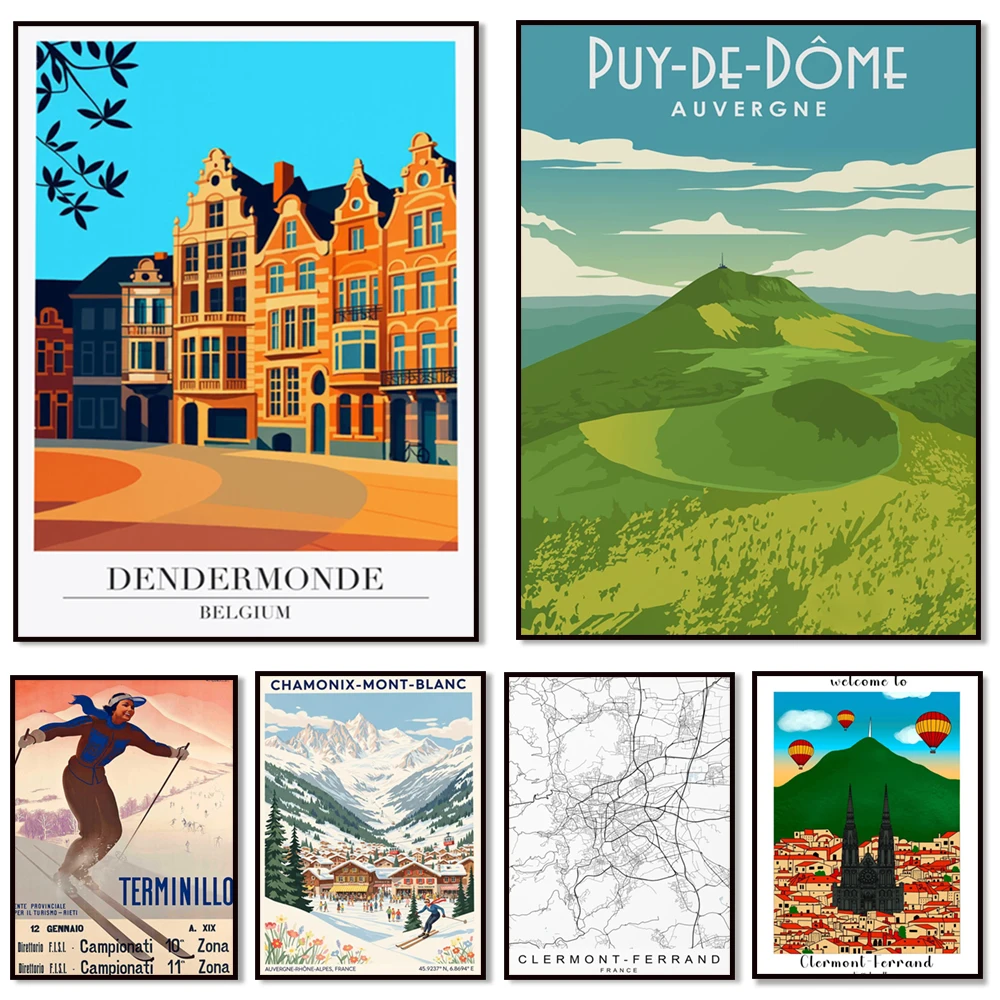 Clermont-Ferrand City, Clermont-Ferrand Mapa de la ciudad francesa, Palermo, Chamonix Mont Blanc, Auvergne "Dôme", Póster de turismo de esquí de los Alpes