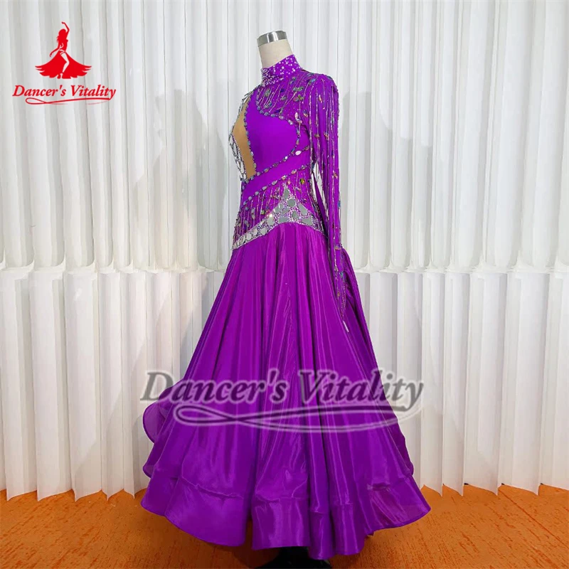 표준 볼룸 왈츠 퍼플 하이넥 진주 실크 의류 AB 스톤 고급 맞춤형 소셜 댄스 긴 소매 드레스