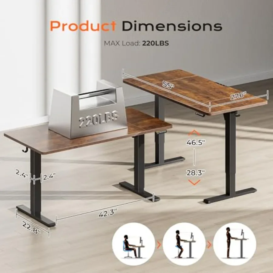 Large Electric Standing Desk for Home Office, Steel Frame, Black, 55 x 28 Inches with 27.6 Depth, 3 Preset Heights, 2 Hooks