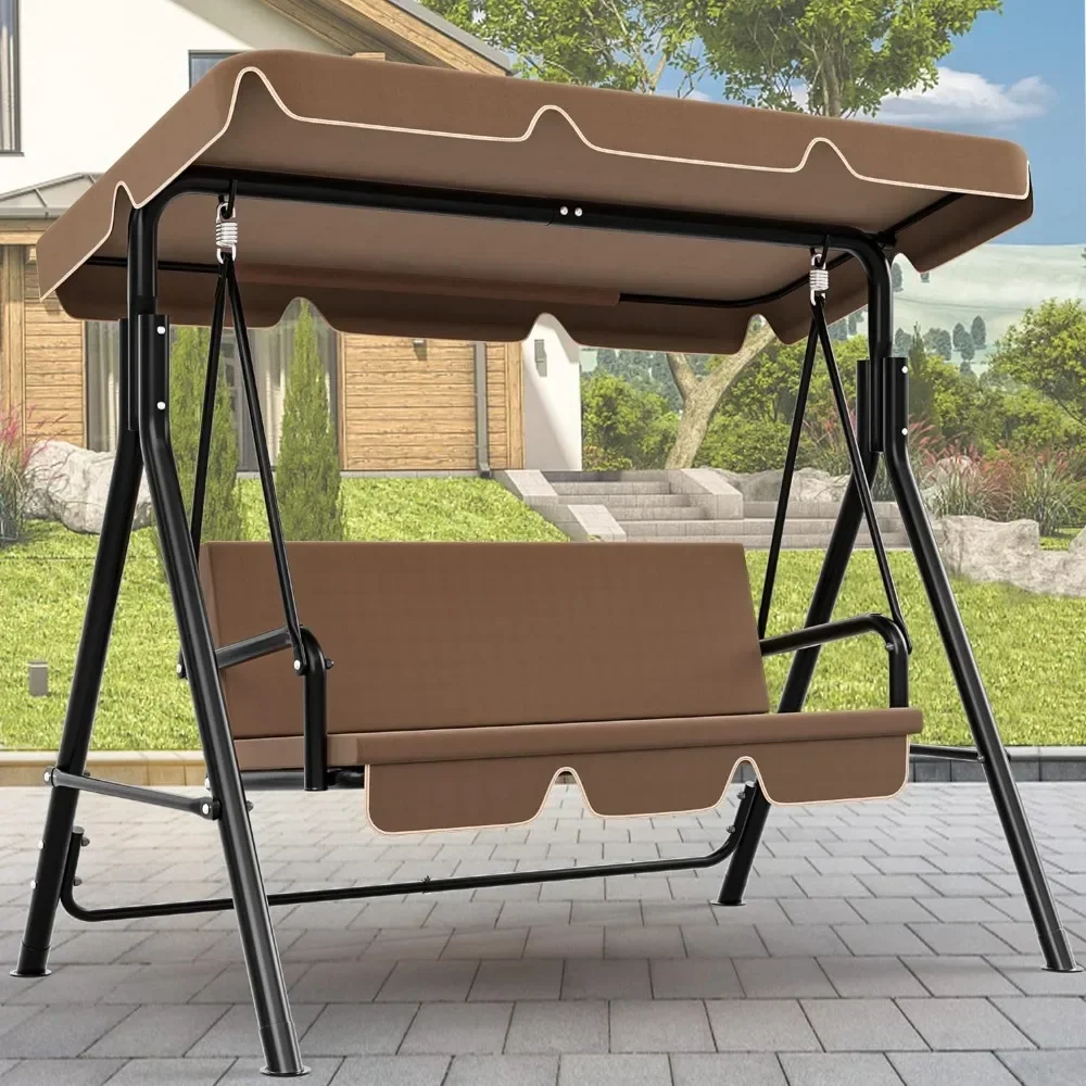 Outdoor terrace swing chair,3-person porch swing, with adjustable roof and removable cushion, suitable for gardens and balconies