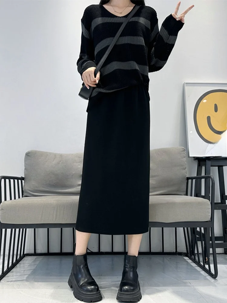 Black Asymmetrical High Waist A-Line Skirt for Women Autumn Winter plus Size Straight Cut Flowing Slimming Mid-Length Dress