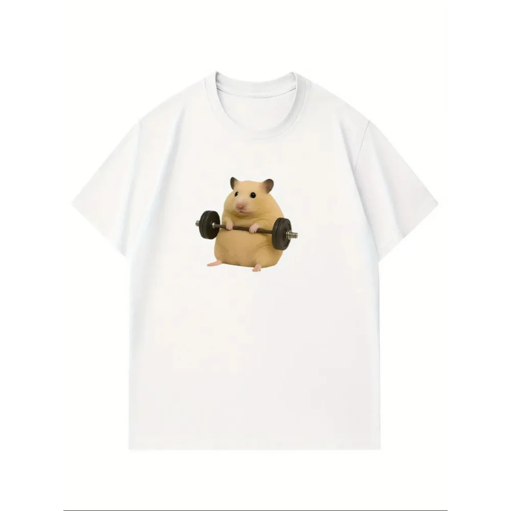 Women's Light Green Hamster Lifting Weights Graphic Harajuku Short Sleeve Casual T-shirt Clothing Street Aesthetic Clothes