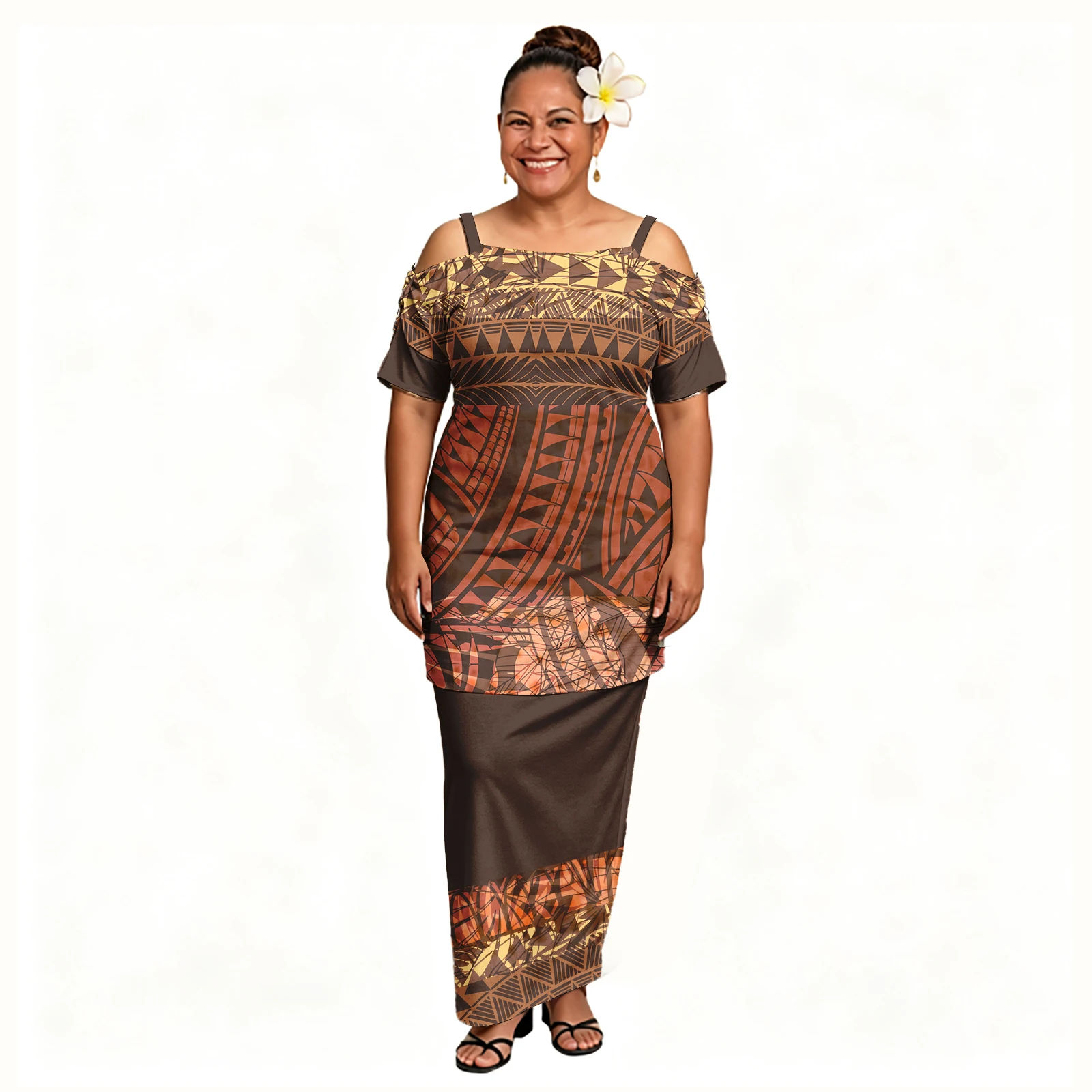 Polynesian Tropical Pattern Ladies Cold Shoulder Puletasi Plus Size Custom Tribal Style Hollow Sleeve Women Samoan Puletasi Set