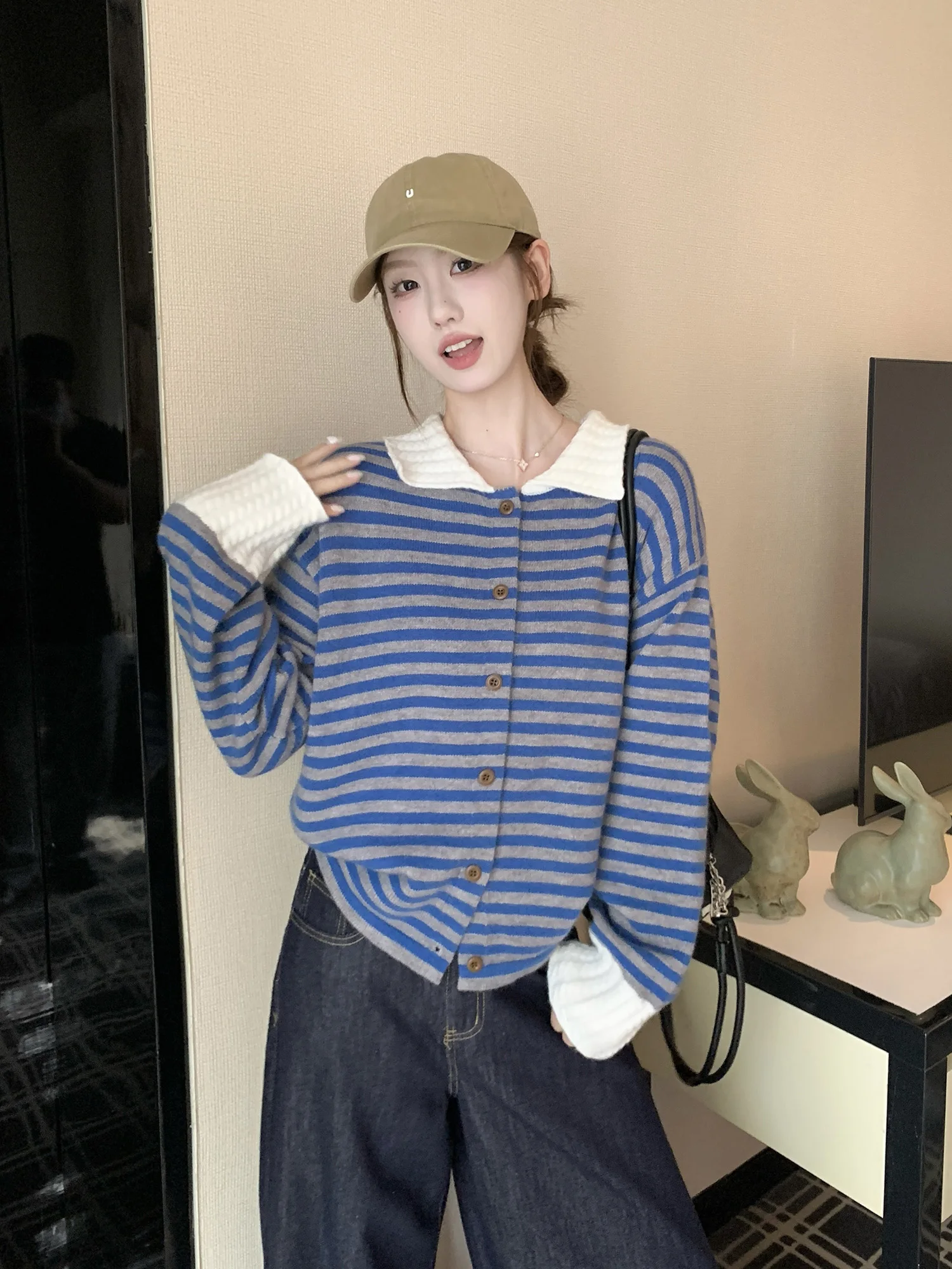 

Korean Sle Loose Fit Knitted Open Cardigan Sweater Women's Autumn Winter New Lazy Stripe Collar Top Color Blo Striped