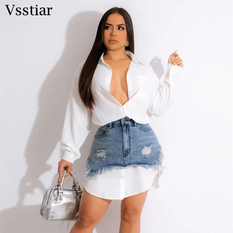 

Vsstiar Fashion Full Sleeve Long Shirt Dress With Denim Skirt Casual Women Two Piece Set Chic Hole Pockets Streetwear Clothes