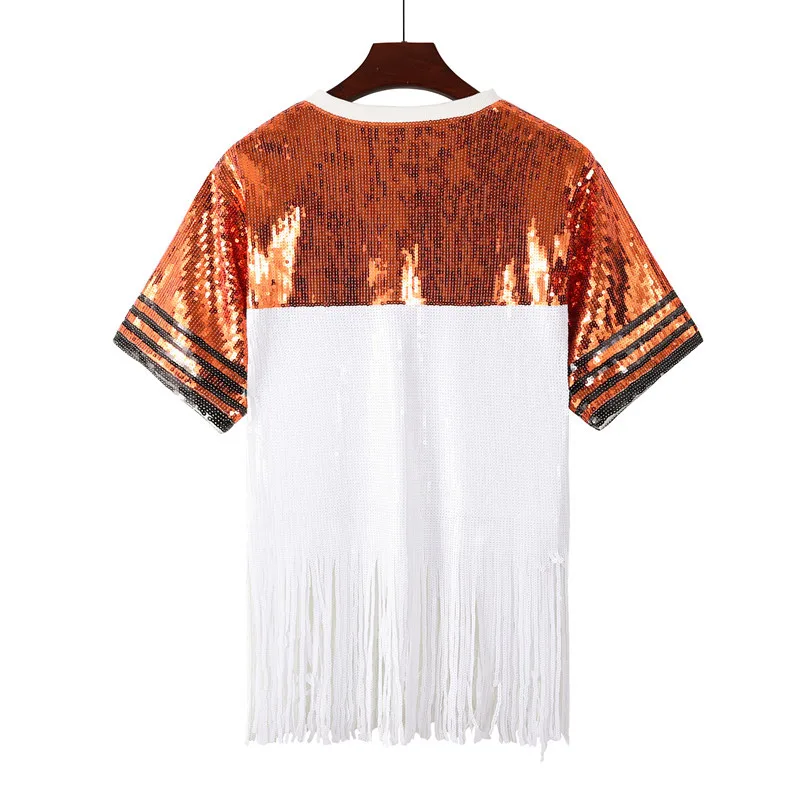 Summer New Fashion Sequin Fringe Women Short Sleeved T-shirt Casual Loose Female Round Neck Tops