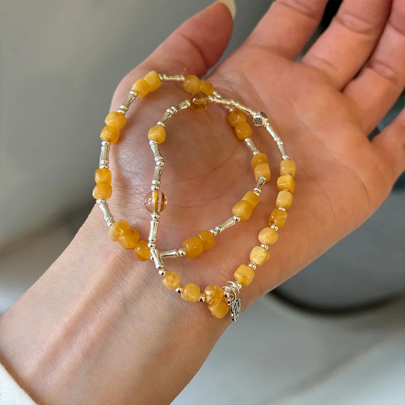 925 Sterling Silver Bracelet Square Amber Bamboo Joint Heart Charm Bracelet Minimalist New Chinese Style Light Luxury Exquisite