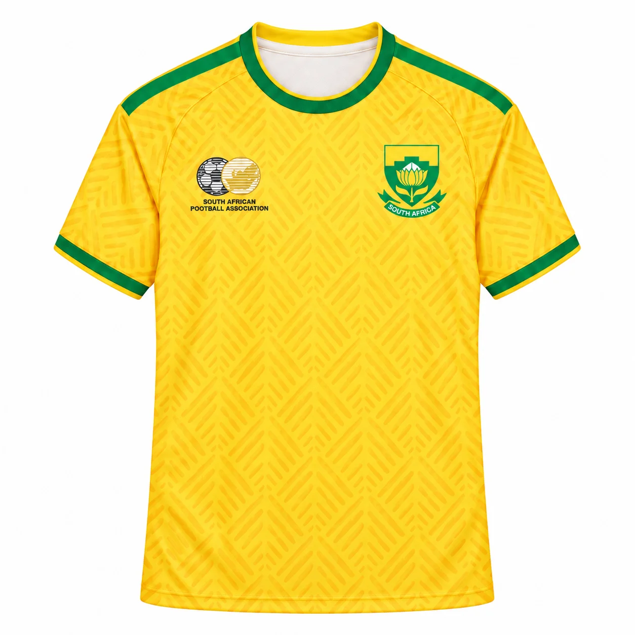 2026-27 South Africa Inspired Home Soccer Jersey Yellow Green Geometric Print Short Sleeve Mesh Sport Tee for Men Women Kids